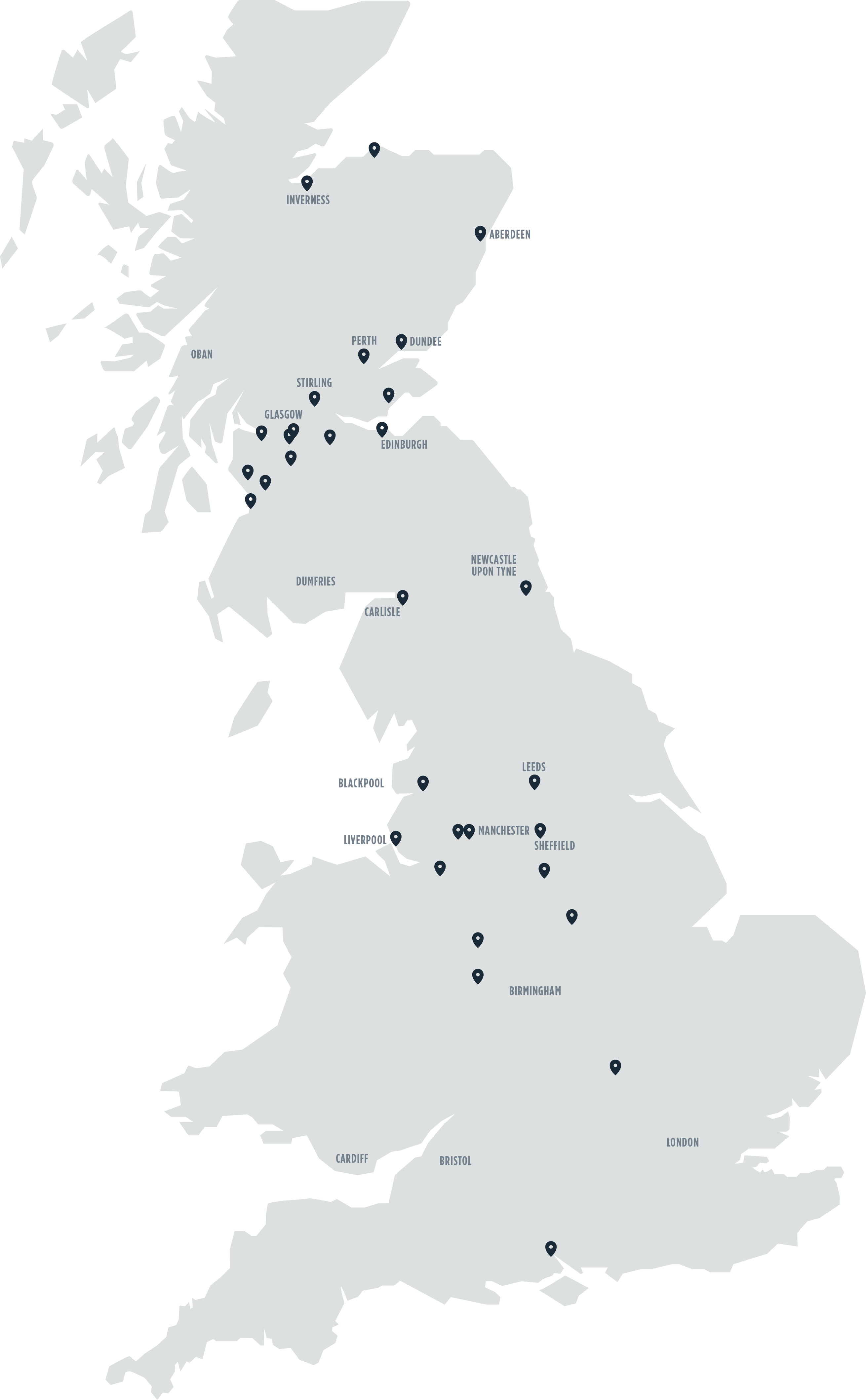 Map of locations in UK