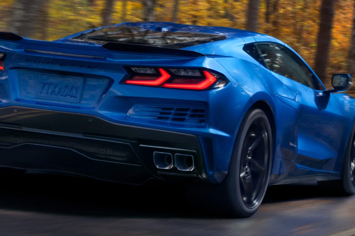 Close-up rear shot of blue Corvette E-Ray