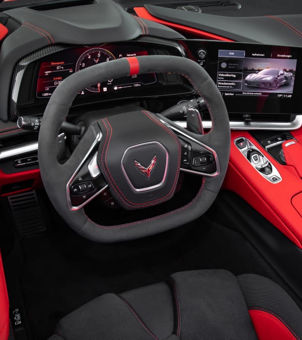 Corvette interior with steering wheel and entertainment system