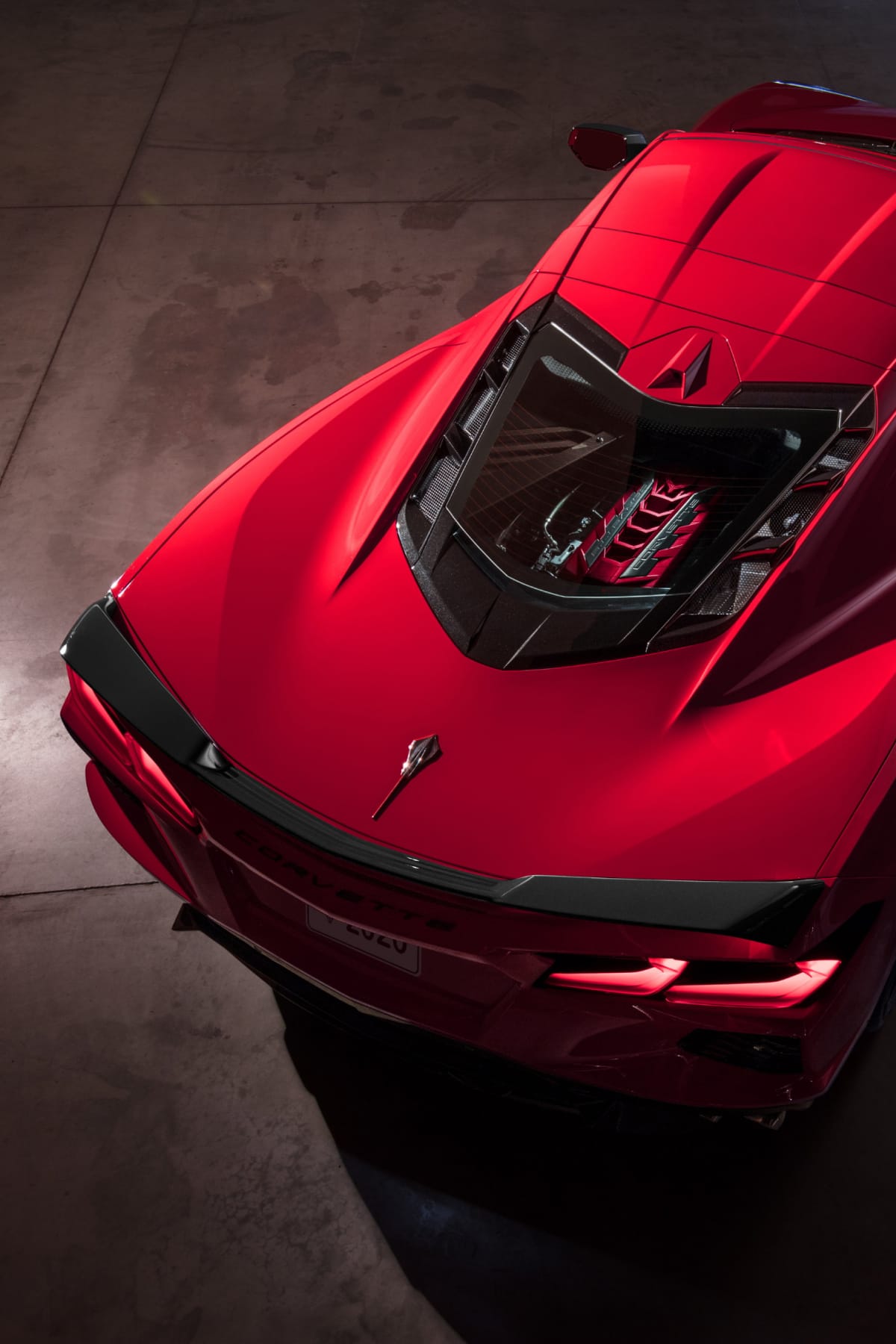 Aerial view of red Corvette Stingray rear