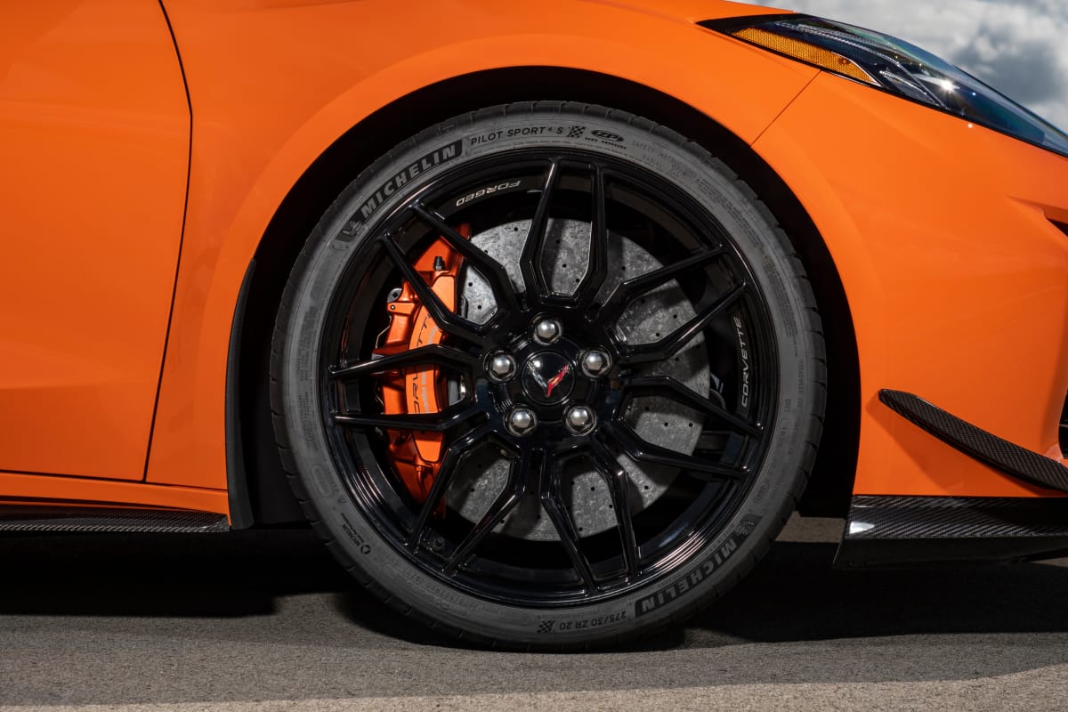 Close-up of orange Corvette Z06 black alloys